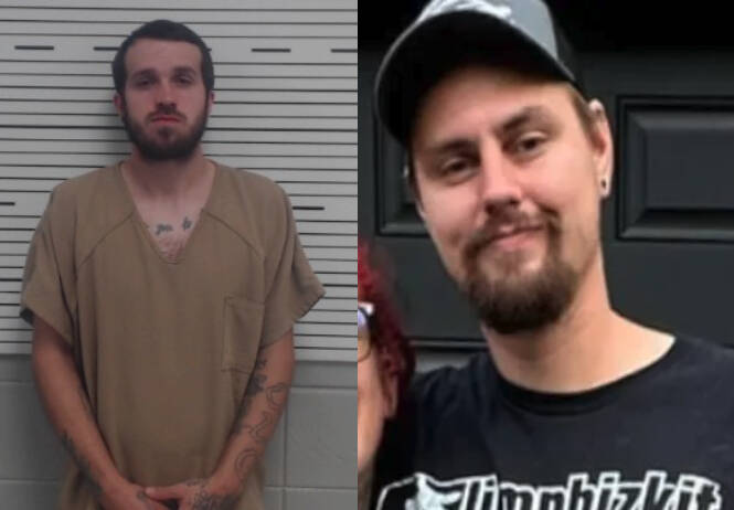 Devin Brice McCurdys Lawrence County, Alabama, mugshot (left) and a photo of Brandon Godsey from GoFundMe. Courtesy photos