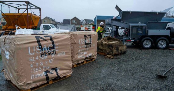 The U.S. Army Corps of Engineers Seattle District’s Emergency Management deploy to Pacific, Washington, to deliver flood-fighting materials such as HESCO barriers, a sandbag machine and sandbags on Wednesday, Dec. 10. Courtesy photo