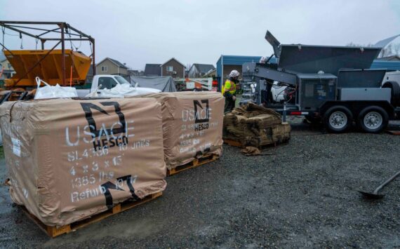The U.S. Army Corps of Engineers Seattle District’s Emergency Management deploy to Pacific, Washington, to deliver flood-fighting materials such as HESCO barriers, a sandbag machine and sandbags on Wednesday, Dec. 10. Courtesy photo
