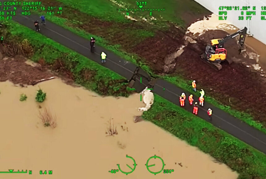 <p>A breach in the Desimone levee Dec. 15 along the Green River in Tukwila. COURTESY SCREENSHOT/Video, King County Sheriff&rsquo;s Office</p>