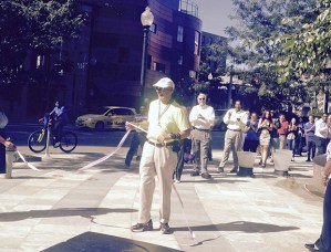 Don Stevenson crosses the finish line at the Pulmonary Hypertension Association (PHA) headquarters in Silver Spring.