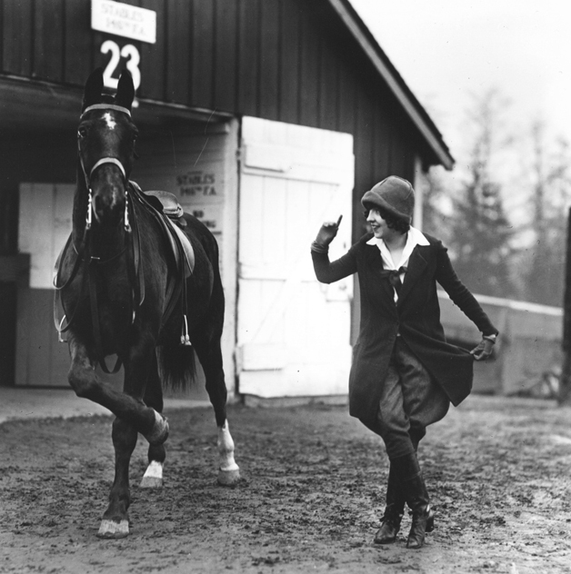 A horse performs from the stables