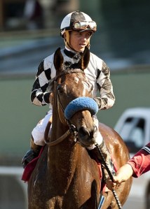 Top Kisser and jockey Elvis Trujillo after a 3 3/4-length victory in the Grade 3 L.A. Woman Stakes for older fillies and mares at Santa Anita Park.