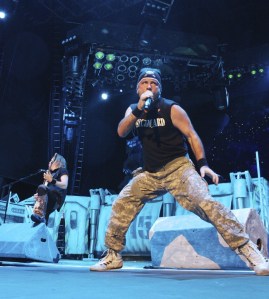 Iron Maiden lead singer Bruce Dickinson on stage at the White River Amphitheatre.