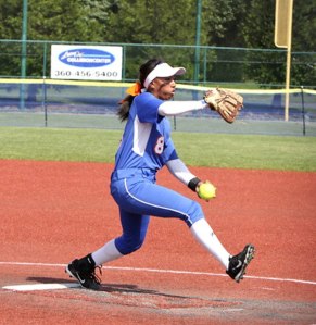 Lion hurler Zoe Collins in the circle at the state tourney.