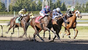 Finding More and jockey Eliska Kubinova (No. 1) surge to victory in the $18
