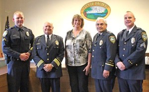 Pacific Mayor Leanne Guier with Pacific Police Department Command Staff
