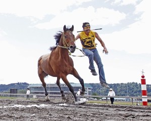 Indian Relay Racing continues Sunday with the final of the Muckleshoot Gold Cup at Emerald Downs. Pictured is a member of Grizzly Mountain (Colville Tribe)