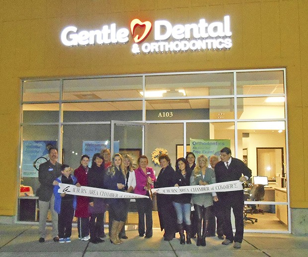 We’re open: Gentle Dental & Orthodontics staff joined Auburn Area Chamber of Commerce members and community leaders for a recent ribbon cutting ceremony.