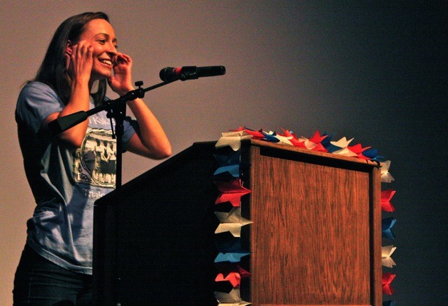 Olympian Ariana Kukors pauses before speaking to the crowd at the Auburn Performing Arts Center on Friday evening. 'Thank you so much for all your support