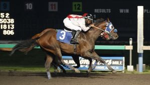Kahului Bluff and jockey Ronald Richard score a head decision over Sthenios in the feature race for 3-year-old Friday at Emerald Downs.
