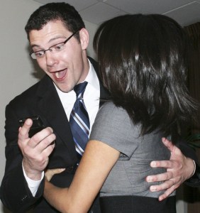 The favorable numbers overjoy Joe Fain as he shares the moment with his fiancée