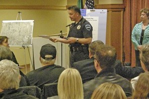 Auburn Assistant Police Chief Bill Pierson addresses a gathering of concerned residents about the problem of speeding on Lea Hill roads during a recent meeting.