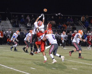 Lion senior Devin Bryant leaps for a pass against Mt. Si.