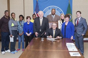 Gov. Jay Inslee signs a bill sponsored by Sen. Pam Roach to increase transparency in government by enhancing penalties for knowing violations of Washington’s Open Public Meetings Act (OPMA).