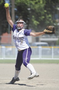 Madelyn Carlson in the circle for the Majestics. Carlson is 33-5 on the season with a 3.31 ERA and 209 strikeouts.