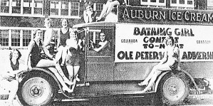 Clelia Stevens and other contestants of a 1932 beauty contest gather around the truck of the ice cream company that sponsored the pageant. Clelia took first place in the contest. The story is her parents were reluctant to have Clelia photographed for publication in a bathing suit