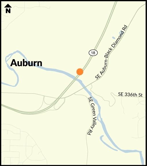 The right lane of westbound SR 18 just east of the Green River Bridge will have a weekend-long lane reduction as well as overnight lane reductions to repair a slide area near the highway. COURTESY MAP