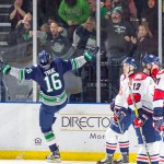 Thunderbirds center Alexander True celebrates a goal in a 4-3 WHL victory Friday night at the ShoWare Center. COURTESY PHOTO, Brian Liesse, Thunderbirds