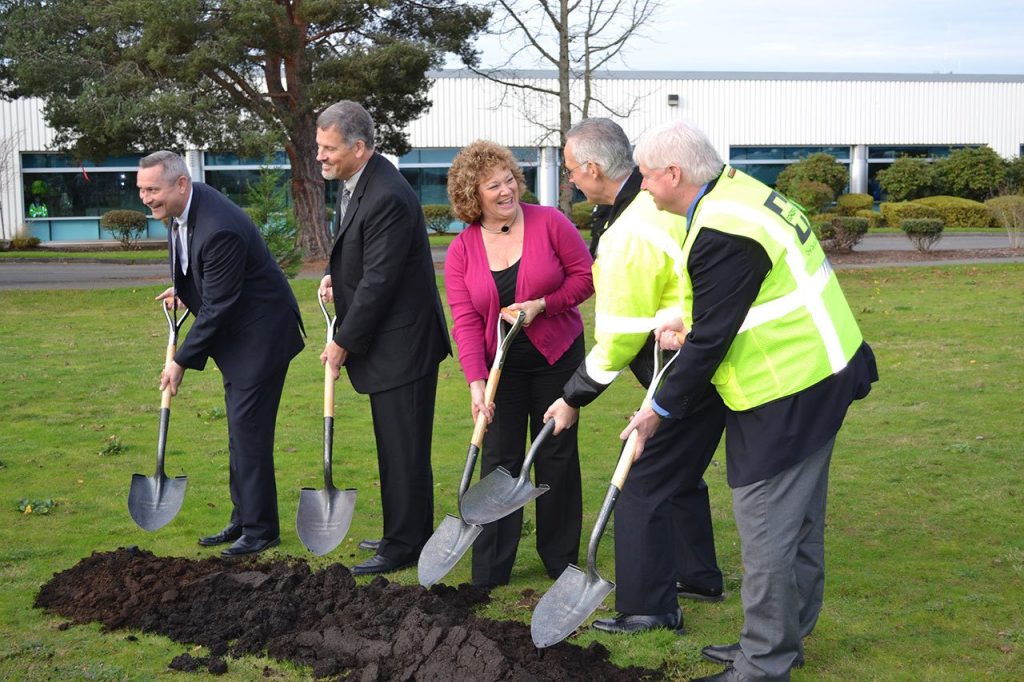 Breaking ground on Boeing Auburn&rsquo;s future, 71,000-square-foot Workforce Readiness Center Dec. 1 are, from left to right: Jim Ockerman, vice president of manufacturing and safety for Boeing fabrication; Jack Meehan, Boeing Auburn&rsquo;s site leader; Auburn Mayor Nancy Backus; Tom Kelleher, project manager for the new building at the Auburn site; and Danny Miller, leader for site services at Boeing Auburn and in Frederickson. ROBERT WHALE, Auburn Reporter