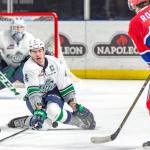 The Thunderbirds&rsquo; Turner Ottenbreit prepares to block a shot with Rylan Toth back in goal. COURTESY PHOTO, Brian Liesse/T-Birds