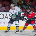 The Rockets&rsquo; Dillon Dube, right, checks the Tunderbirds&rsquo; Mathew Barzal at the Prospera Place in Kelowna, British Columbia. COURTESY PHOTO, Marissa Baecker/Shoot the Breeze