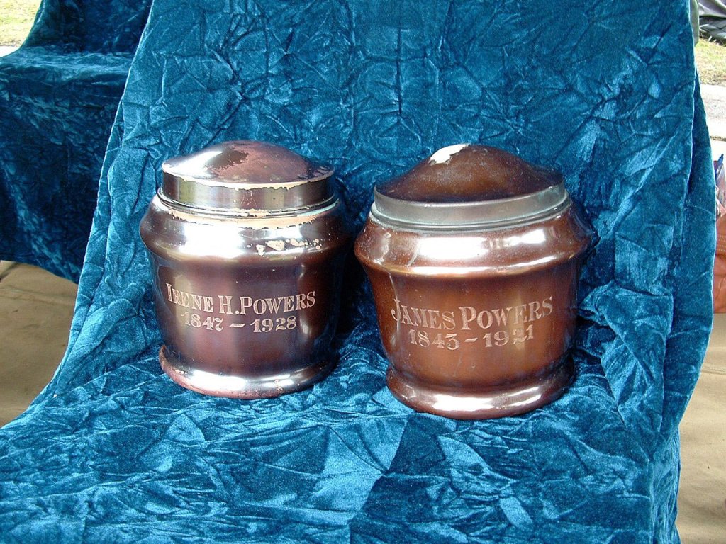Brass urns containing the cremated remains of James Powers and his wife of 57 years, Irene. COURTESY PHOTO, Loretta-Marie Dimond
