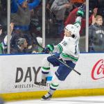 The Thunderbirds&rsquo; Alexander True celebrates his third-period goal in a 6-2 thumping of the Americans on Friday night at a packed ShoWare Center. COURTESY PHOTO, Brian Liesse/Thunderbirds