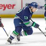 The Thunderbirds&rsquo; Mathew Barzal directs the puck up the ice against the Winterhawks on Saturday night. Barzal produced a career-best six-point night in an 8-5 WHL win at the ShoWare Center. COURTESY PHOTO, Brian Liesse/T-Birds