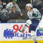 The Thunderbirds&rsquo; Keegan Kolesar celebrates after scoring one of his two goals during a 4-2 playoff win against the Americans on Friday night. COURTESY PHOTO, Brian Liesse/T-Birds