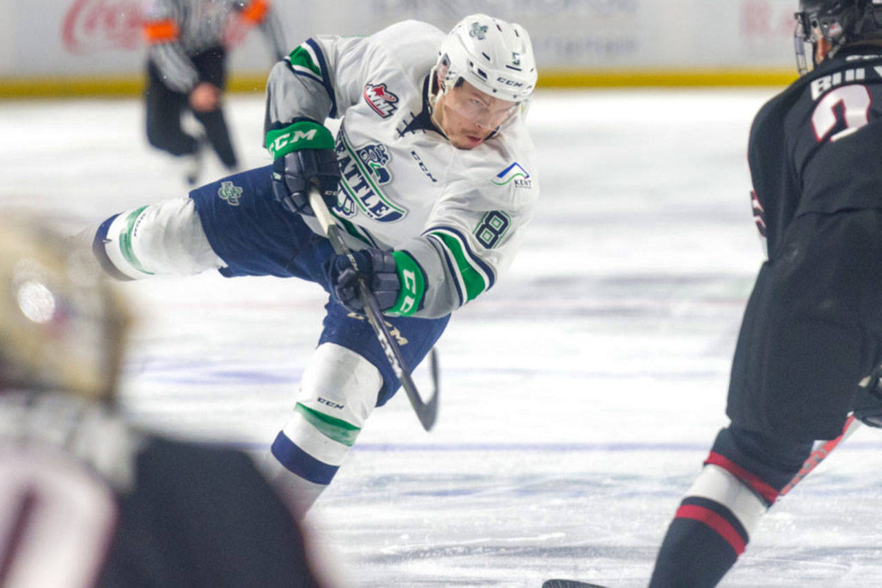 The Thunderbirds&rsquo; Scott Eansor fires a shot at the Giants during WHL play Sunday. COURTESY PHOTO, Brian Liesse/T-Birds