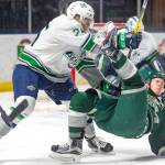 The Thunderbirds&rsquo; Ethan Bear upends a Silvertip during Seattle&rsquo;s 6-1 victory at home on Feb. 26. The rivals meet in the WHL playoffs. COURTESY PHOTO, Brian Liesse, Thunderbirds