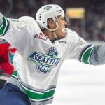 Alexander True celebrates after scoring one of his two goals in the Thunderbirds&rsquo; 5-3 Game 5 win over the Rockets on Friday night. COURTESY PHOTO, Brian Liesse/T-Birds