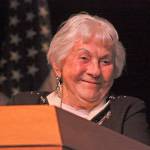 Elizabeth &ldquo;Betty&rdquo; Dybbro, a volunteer in the Women Airforce Service Pilot (WASP) during World War II, shares a laugh with the crowd at the Legends of Aviation program at Green River College on April 12. MARK KLAAS, Auburn Reporter
