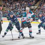 The Rockets&rsquo; Tomas Soustal (15) wins a face-off against the Thunderbirds&rsquo; Alexander True (16) during first-period action Wednesday at Prospera Place in Kelowna, British Columbia. COURTESY PHOTO, Marissa Baecker/Shoot the Breeze