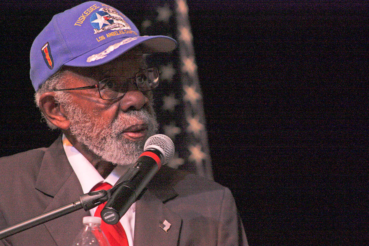 Theodore &ldquo;Ted&rdquo; Lumpkin, an original Tuskegee Airman, speaks at the Legends of Aviation program at Green River College on April 12. MARK KLAAS, Auburn Reporter