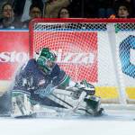 Thunderbirds goalie Carl Stankowski makes a second-period save, one of his 34 in 2-1 win over Kelowna on Tuesday night. COURTESY PHOTO, Marissa Baecker/Shoot the Breeze