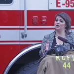 Heather Manske, Andrea&rsquo;s older sister, talks at the dedication ceremony at Station 95 on Saturday. MARK KLAAS, Auburn Reporter