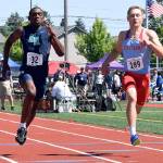 Auburn Riverside&rsquo;s Jaden Robinson, left, scoots to a sixth-place finish in the 4A state 100-meter final in 10.74 seconds. Eastmont&rsquo;s Jake Ulrich, right, was seventh. Robinson added a seventh-place finish in the 200 final with a time of 21.81. RACHEL CIAMPI, Auburn Reporter