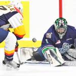 Thunderbirds goalie Carl Stankowski makes one of his 31 saves against Erie at the Memorial Cup on Saturday. COURTESY PHOTO, Aaron Bell/CHL Images