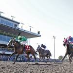 Risques&rsquo;s Legacy, with Rocco Bowen up, left, edges Retreat Yourself and a Blazinbeauty for a one-length victory in the $50,000 Kent Stakes for 3-year-old fillies at Emerald Downs on Sunday. COURTESY PHOTO, Emerald Downs