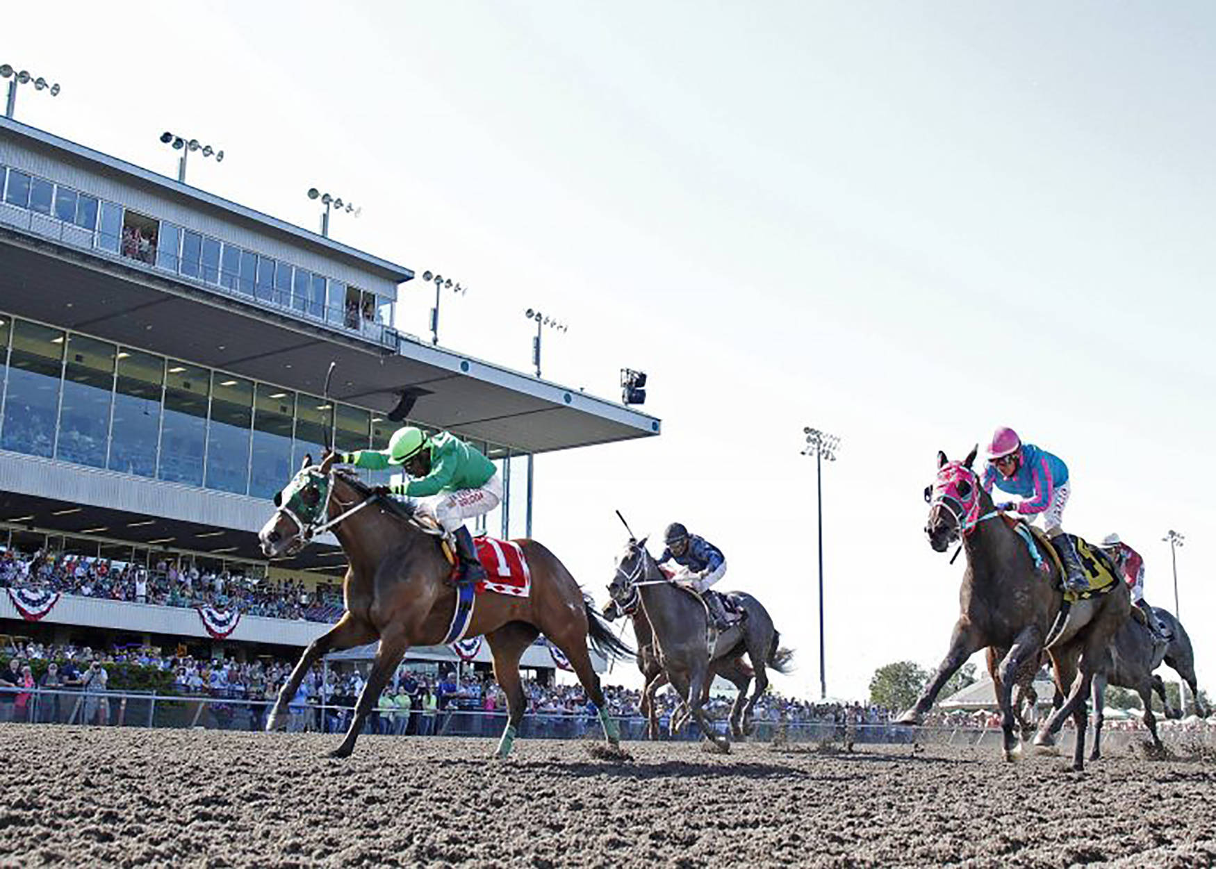 Risques&rsquo;s Legacy, with Rocco Bowen up, left, edges Retreat Yourself and a Blazinbeauty for a one-length victory in the $50,000 Kent Stakes for 3-year-old fillies at Emerald Downs on Sunday. COURTESY PHOTO, Emerald Downs