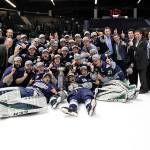 Seattle Thunderbirds celebrate their first Western Hockey League championships with a Game 6 win over the Regina Pats on Sunday night. COURTESY PHOTO, Keith Hershmiller