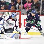 The Thunderbirds&rsquo; Sam Moilanen maneuvers to take a shot at Spitfires goalie Michael DiPietro during Memorial Cup play Sunday. COURTESY PHOTO, Aaron Bell/CHL Images