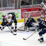 The Pats&rsquo; Wyatt Sloboshan tries to position himself to take a shot as the Thunderbirds defense collapses during Game ! action of the WHL championship series Friday night in Regina, Saskatchewan. COURTESY PHOTO, Keith Hershmiller
