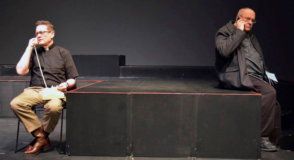 Auburn High School drama teacher Warren Kerr, right, in a scene with fellow teacher Tom Kaup from the production of &ldquo;The Laramie Project: Ten Years After&rdquo;. RACHEL CIAMPI, Auburn Reporter