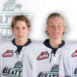 The newly-signed Thunderbirds are, from left: Graeme Bryks, goalie Cole Schwebius, defenseman Cade McNelly and center Samuel Huo. COURTESY PHOTOS, T-Birds