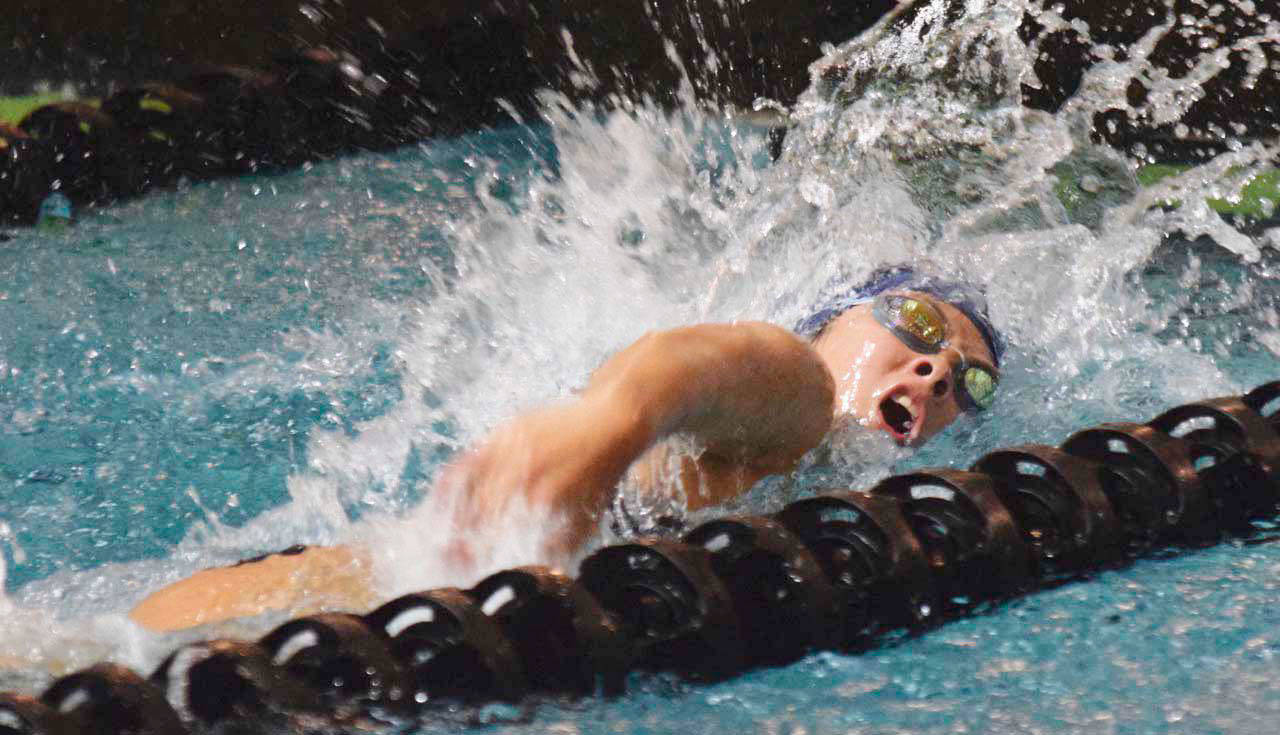 Jaylyn Wong swims the anchor leg of Auburn Riverside&rsquo;s winning 200-yard freestyle relay during the All-City meet Thursday. RACHEL CIAMPI, Auburn Reporter