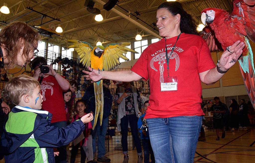 Debbie Goodrich, right, shows her parrots, Oly and Jessie, to Riley Mulcahey, 4, and his aunt, Kim Hopkins. RACHEL CIAMPI, Auburn Reporter