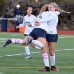 Auburn Riverside&rsquo;s Olivia Boulet, left, hugs her older sister, McKenna, after scoring one of her three goals against Thomas Jefferson on Friday. RACHEL CIAMPI, Auburn Reporter